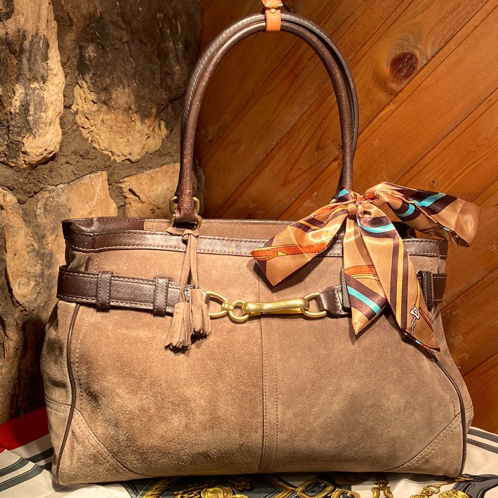 Coach Brown Suede Tote with Gold Hardware and Multi-Color Scarf